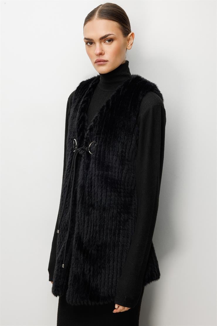 Modailgi  Çizgili Uzun Peluş Yelek Siyah