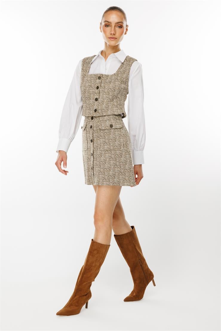 Modailgi  Crop Yelekli Gömlek Takım Haki