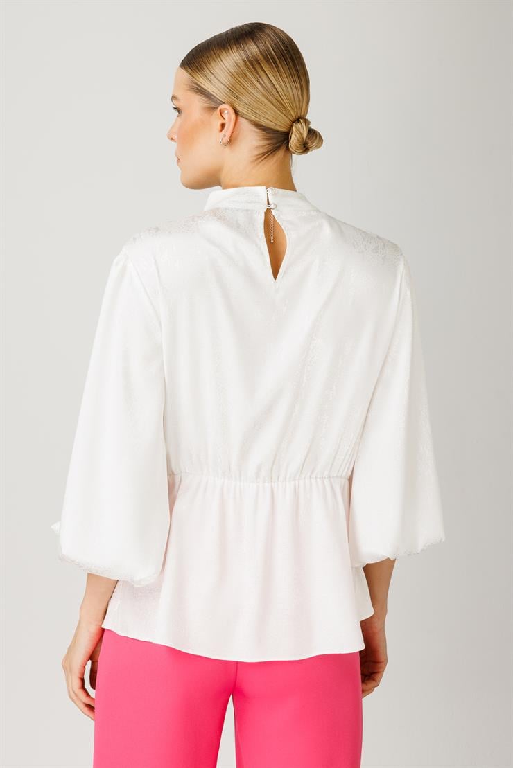 Modailgi  Degaje Yaka Balon Kol Jakarlı Bluz Ekru