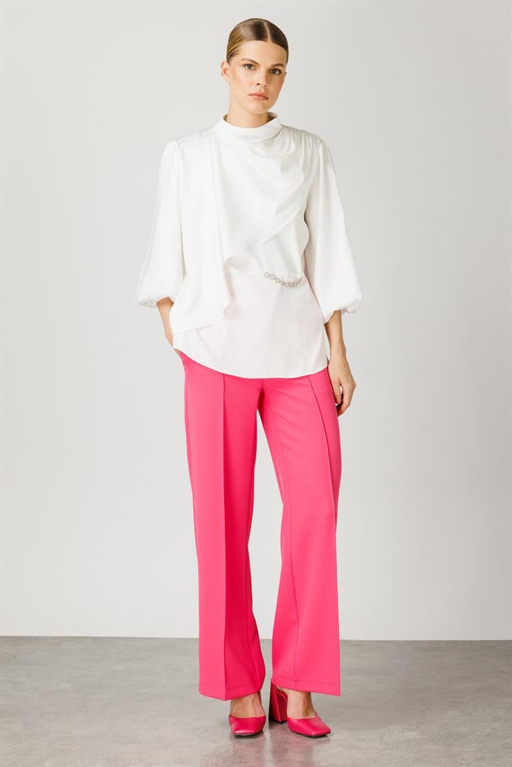 Modailgi  Degaje Yaka Balon Kol Jakarlı Bluz Ekru