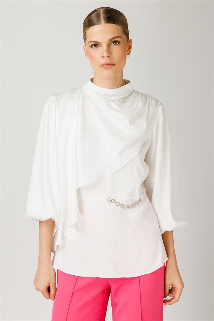Modailgi  Degaje Yaka Balon Kol Jakarlı Bluz Ekru
