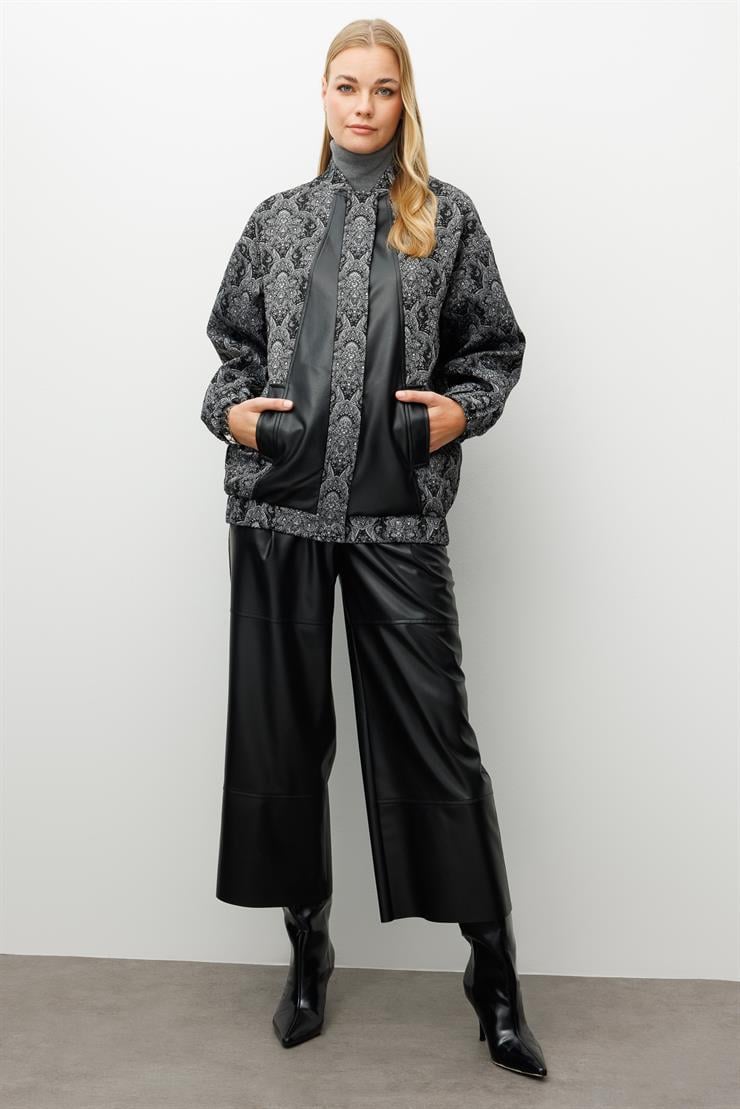 Modailgi  Deri Garni Detaylı Oversize Astarlı Jakar Kumaştan Bomber Ceket Siyah