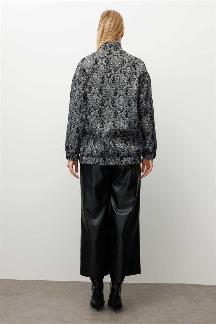 Modailgi  Deri Garni Detaylı Oversize Astarlı Jakar Kumaştan Bomber Ceket Siyah