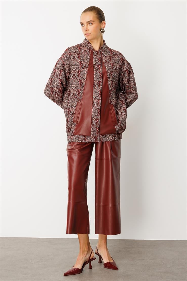 Modailgi  Deri Garni Detaylı Oversize Astarlı Jakar Kumaştan Bomber Ceket Bordo