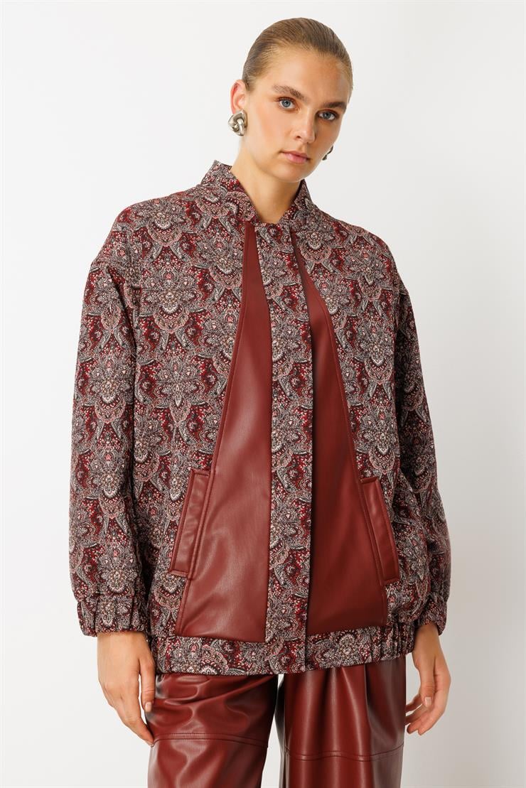 Modailgi  Deri Garni Detaylı Oversize Astarlı Jakar Kumaştan Bomber Ceket Bordo