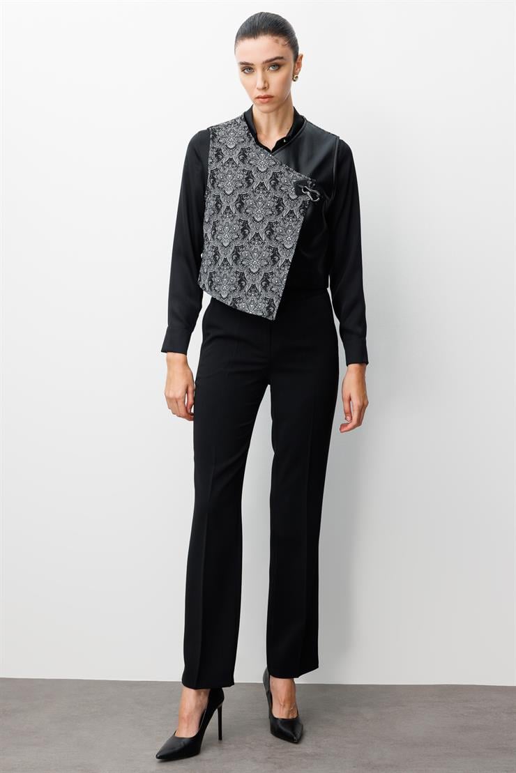 Modailgi  Deri Garni Kumaşlı Klapa Kapamalı Asimetrik Jakar Yelek Siyah