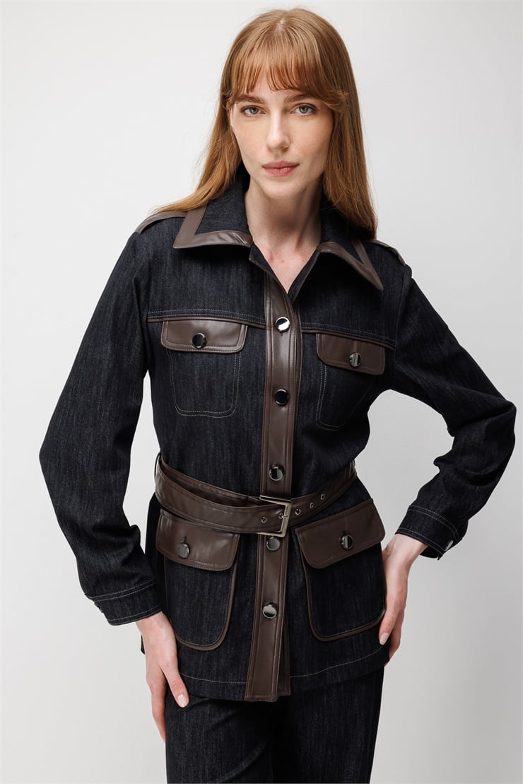 Modailgi  Deri Garnili Beli Kemerli Denim Ceket - 40120 Siyah