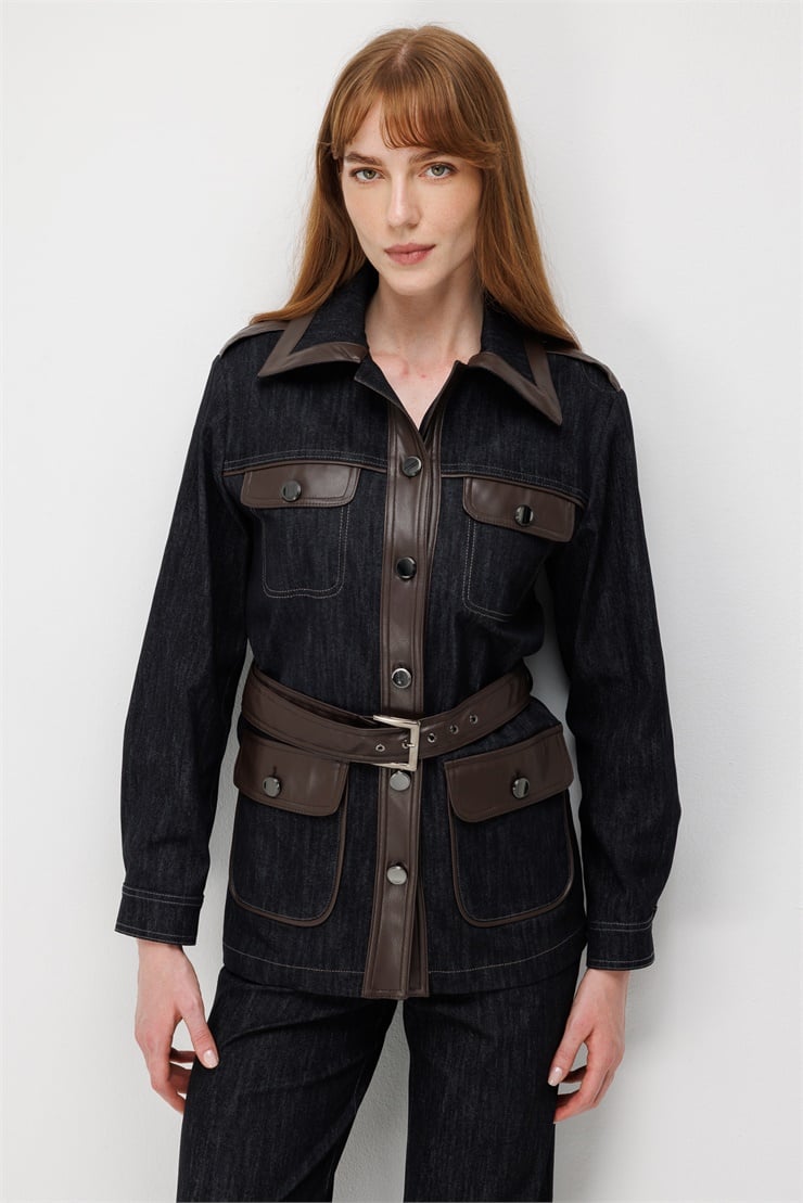 Modailgi  Deri Garnili Beli Kemerli Denim Ceket - 40120 Siyah