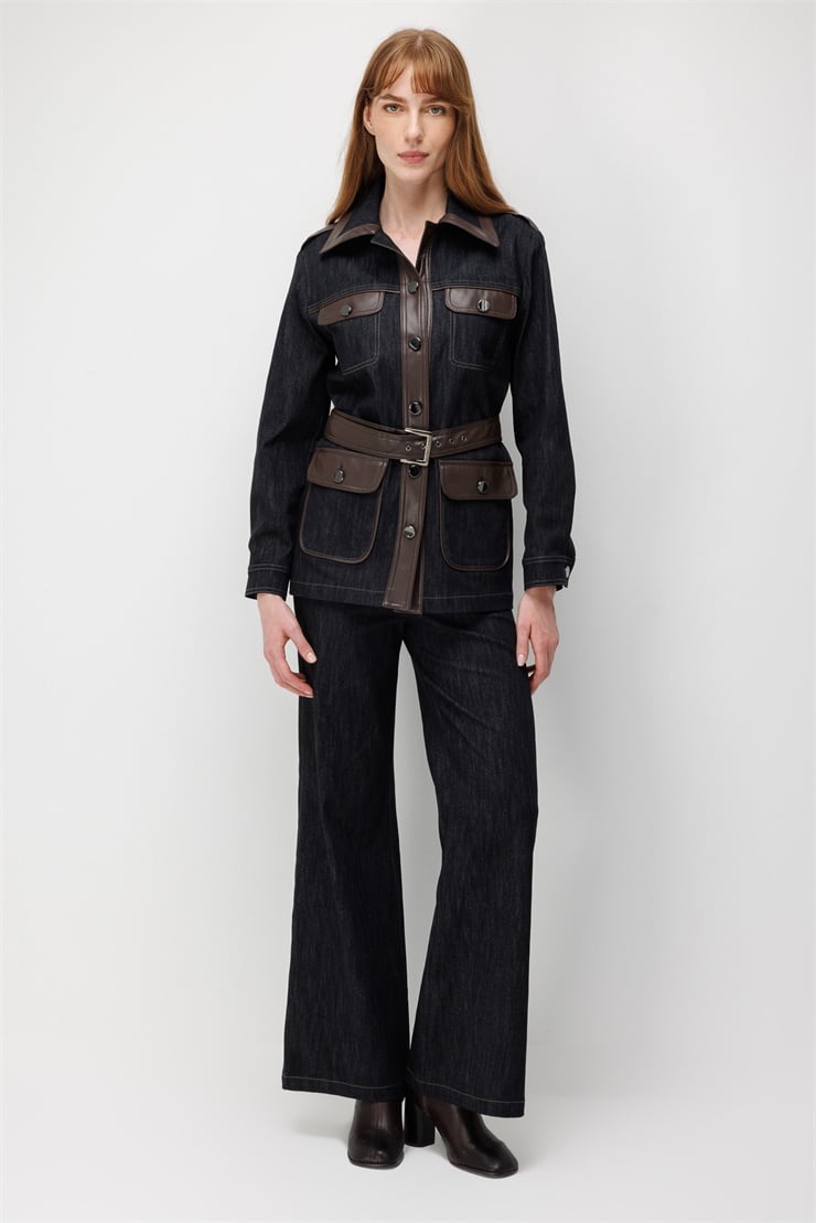 Modailgi  Deri Garnili Beli Kemerli Denim Ceket - 40120 Siyah