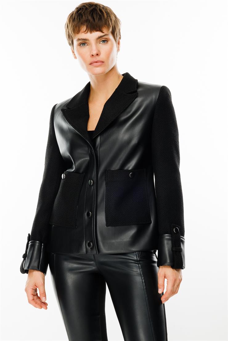 Modailgi  Deri Garnili Torba Cepli Kısa Tweed Ceket Siyah