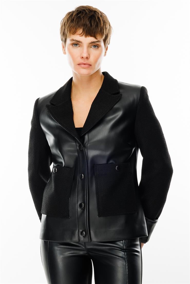 Modailgi  Deri Garnili Torba Cepli Kısa Tweed Ceket Siyah