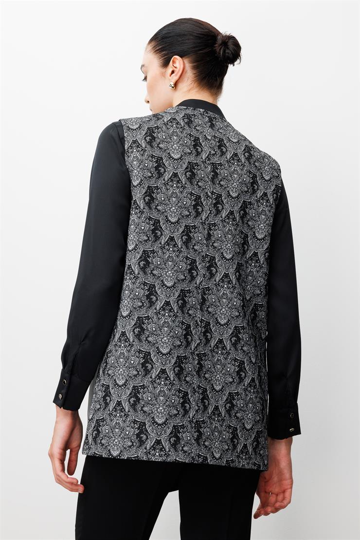 Modailgi  Deri Kumaş Garnili Klapa Kapamalı Asimetrik Jakar Yelek Siyah