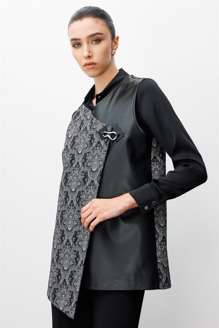 Modailgi  Deri Kumaş Garnili Klapa Kapamalı Asimetrik Jakar Yelek Siyah