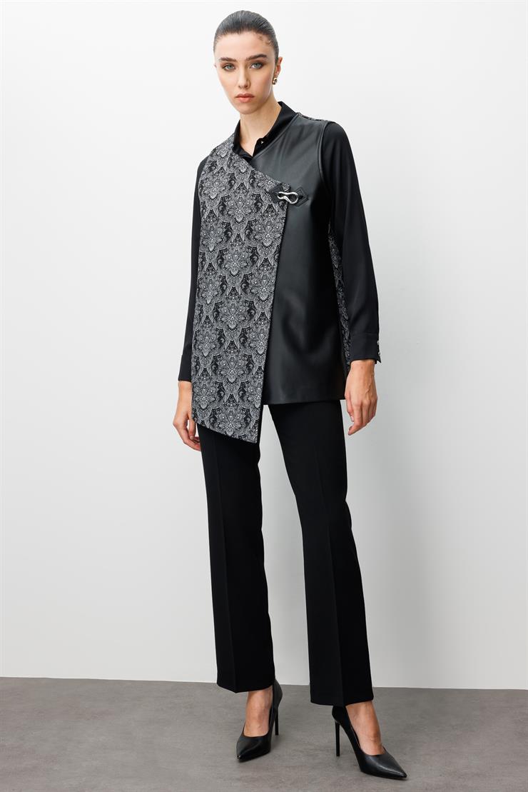 Modailgi  Deri Kumaş Garnili Klapa Kapamalı Asimetrik Jakar Yelek Siyah