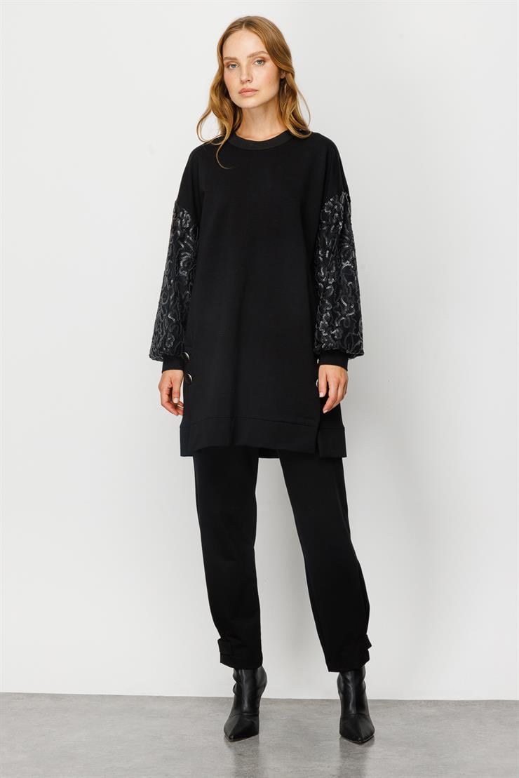 Modailgi  Deri Pul Dantel Detaylı Oversize Tunik Siyah