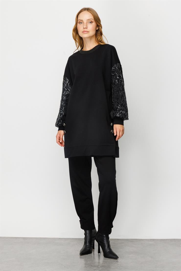 Modailgi  Deri Pul Dantel Detaylı Oversize Tunik Siyah