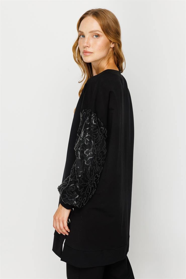 Modailgi  Deri Pul Dantel Detaylı Oversize Tunik Siyah