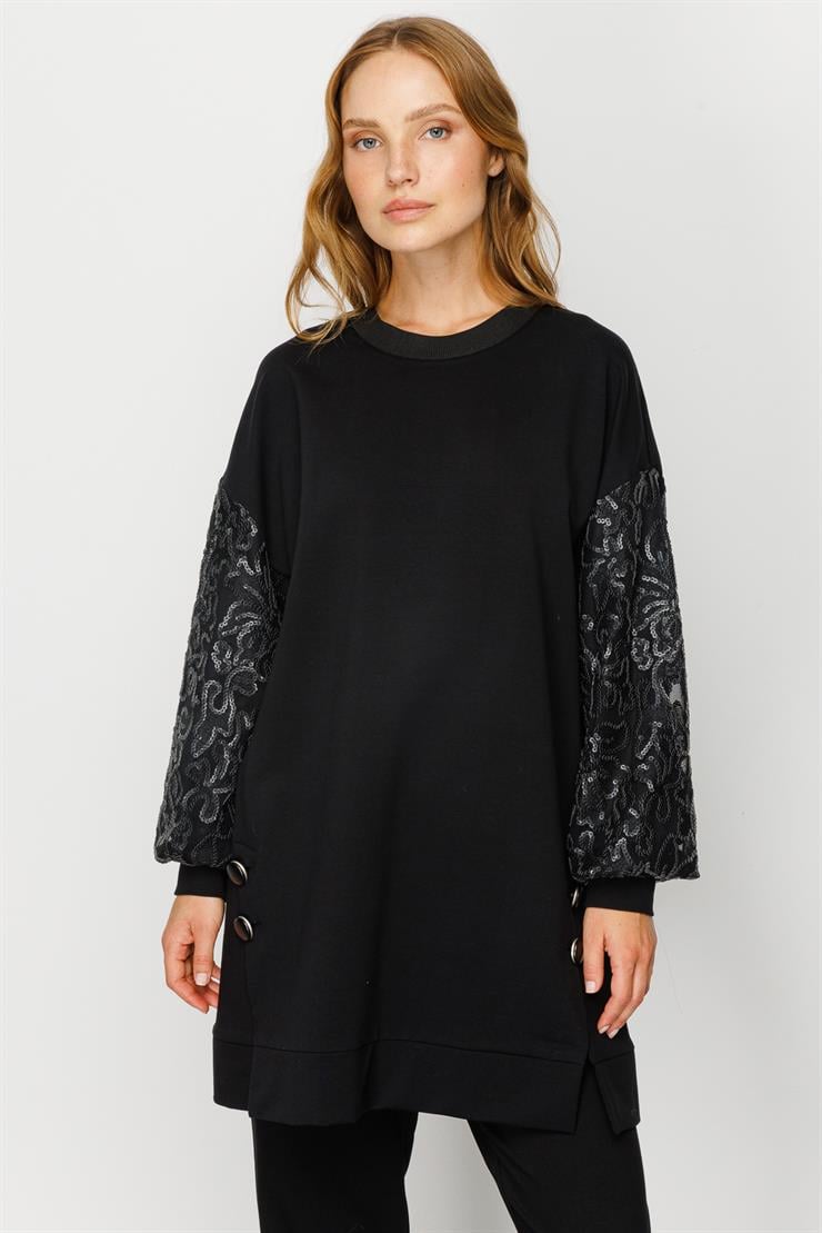 Modailgi  Deri Pul Dantel Detaylı Oversize Tunik Siyah