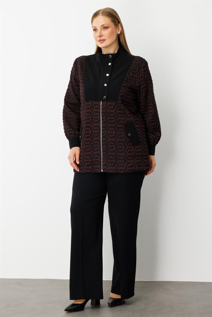 Modailgi  Desenli Gofre Kumaş Yakası Çıtçıtlı Tunik Bordo