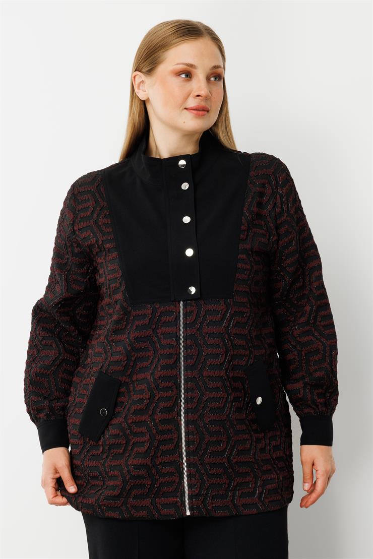 Modailgi  Desenli Gofre Kumaş Yakası Çıtçıtlı Tunik Bordo