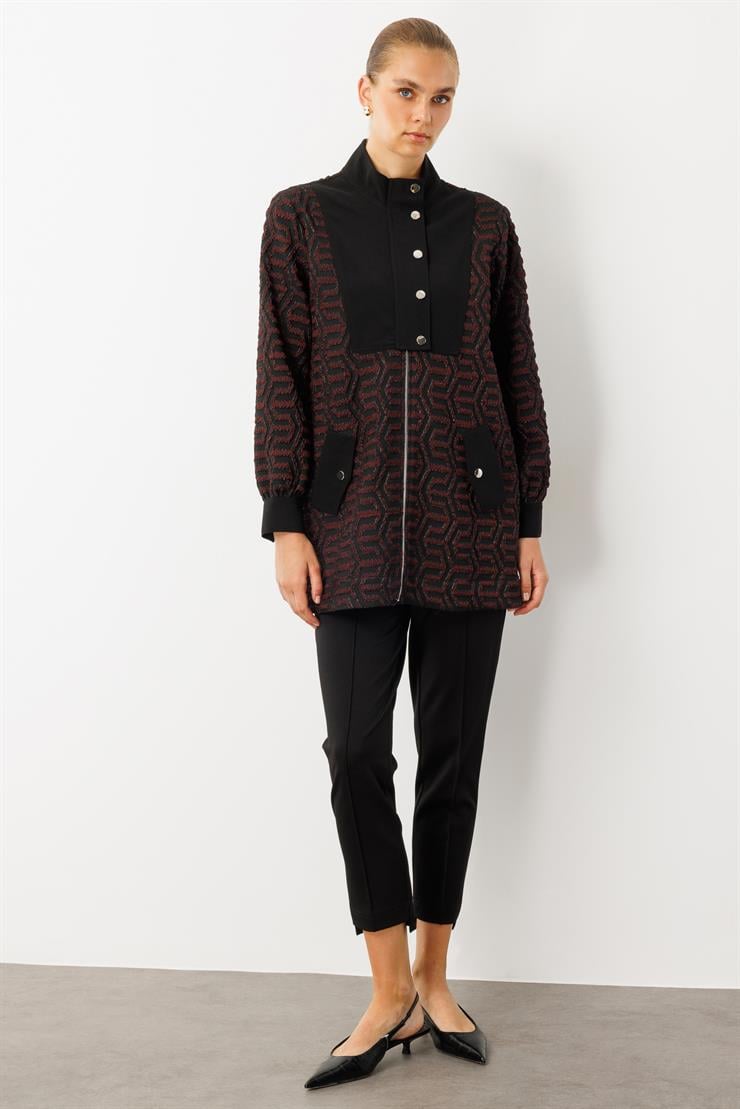 Modailgi  Desenli Gofre Kumaş Yakası Çıtçıtlı Tunik Bordo