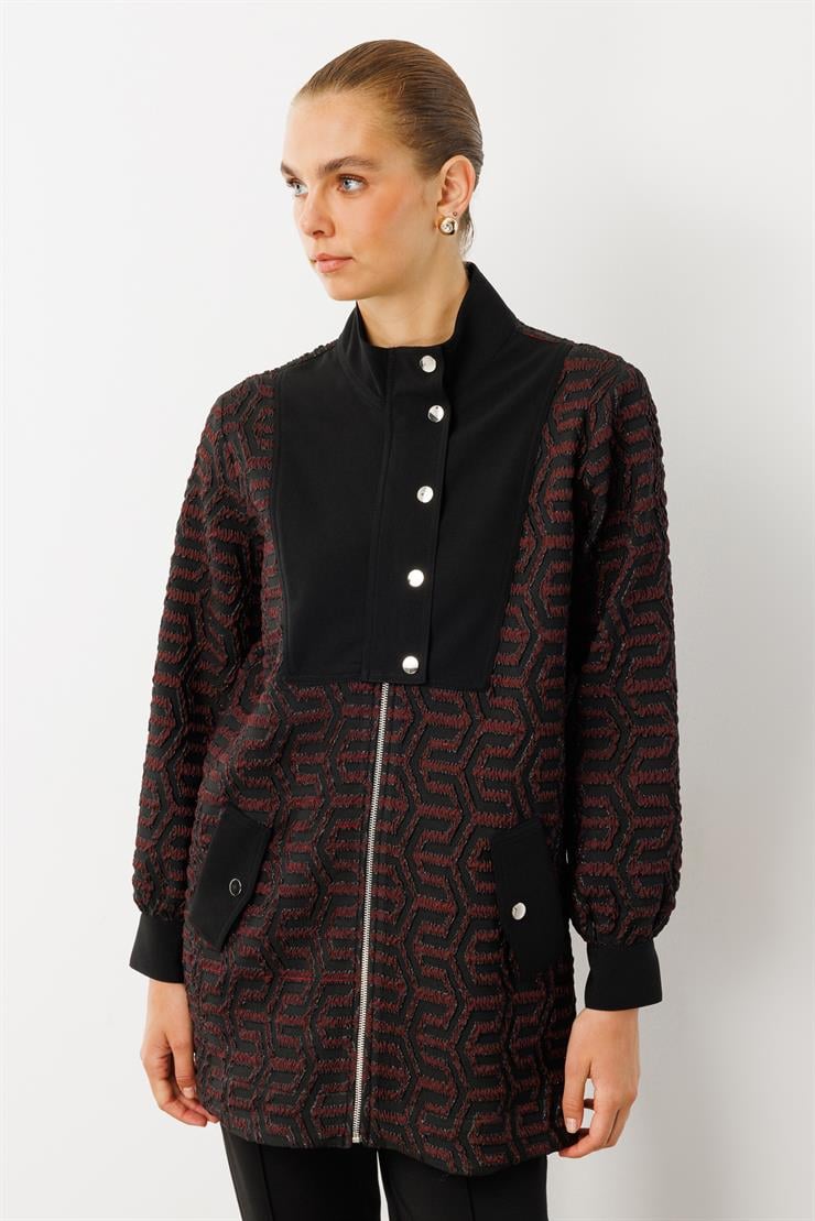 Modailgi  Desenli Gofre Kumaş Yakası Çıtçıtlı Tunik Bordo
