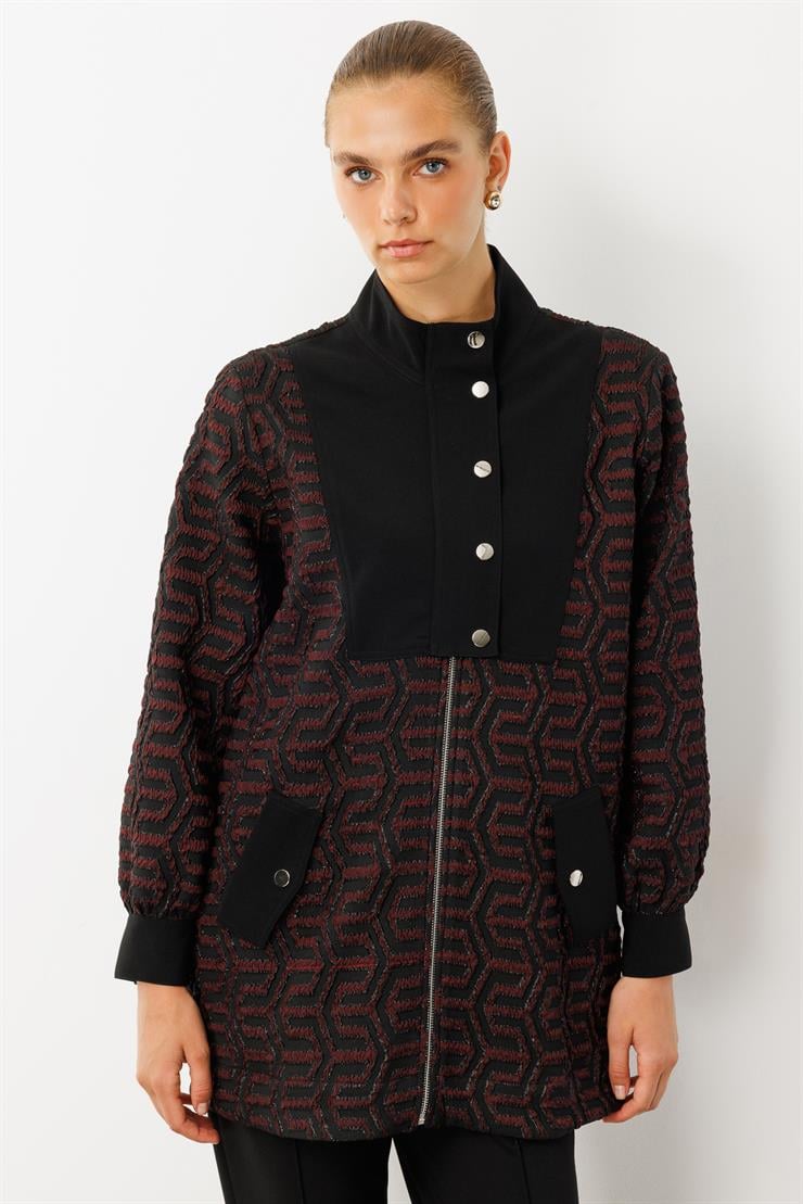 Modailgi  Desenli Gofre Kumaş Yakası Çıtçıtlı Tunik Bordo