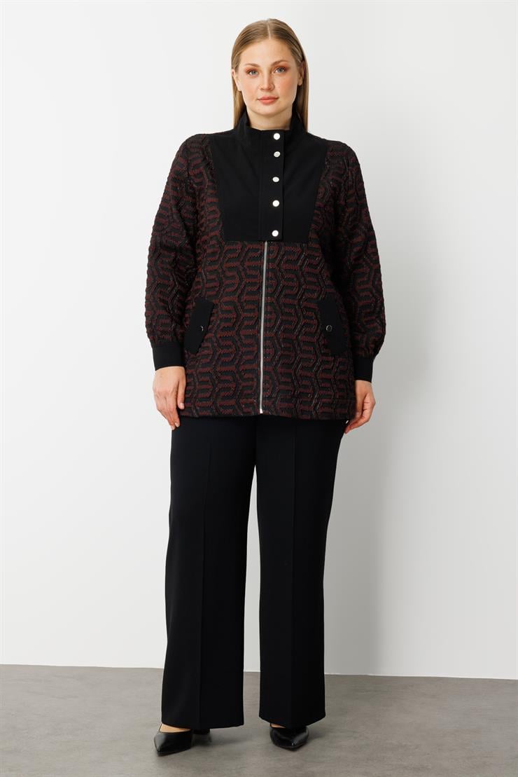 Modailgi  Desenli Gofre Kumaş Yakası Çıtçıtlı Tunik Bordo