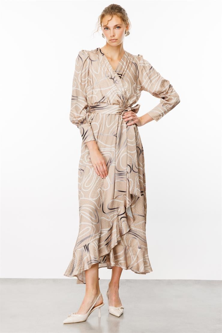 Modailgi  Desenli Jakar Kruvaze Elbise Vizon