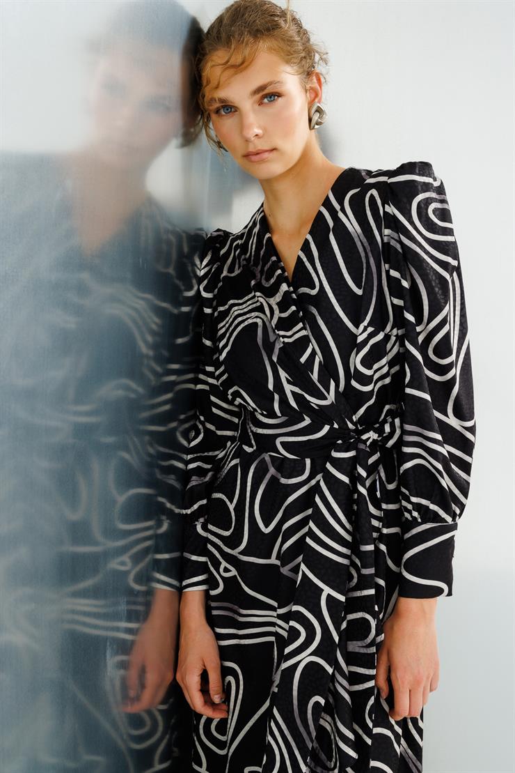 Modailgi  Desenli Jakar Kruvaze Elbise Siyah