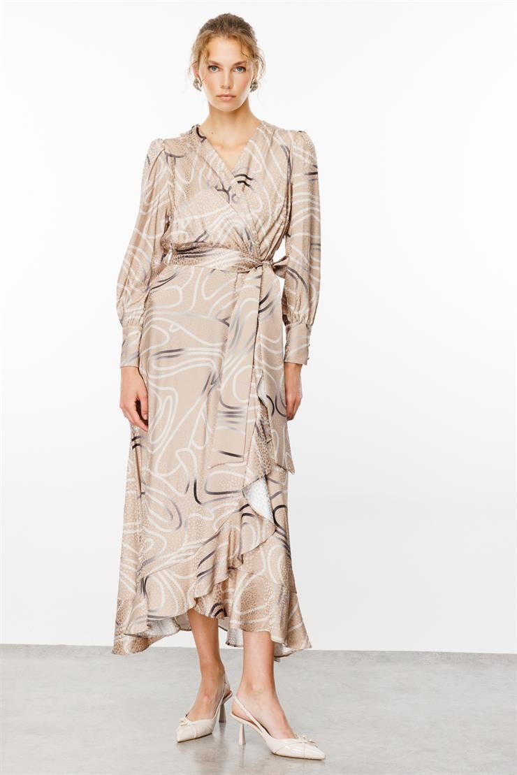 Modailgi  Desenli Jakar Kruvaze Elbise Vizon