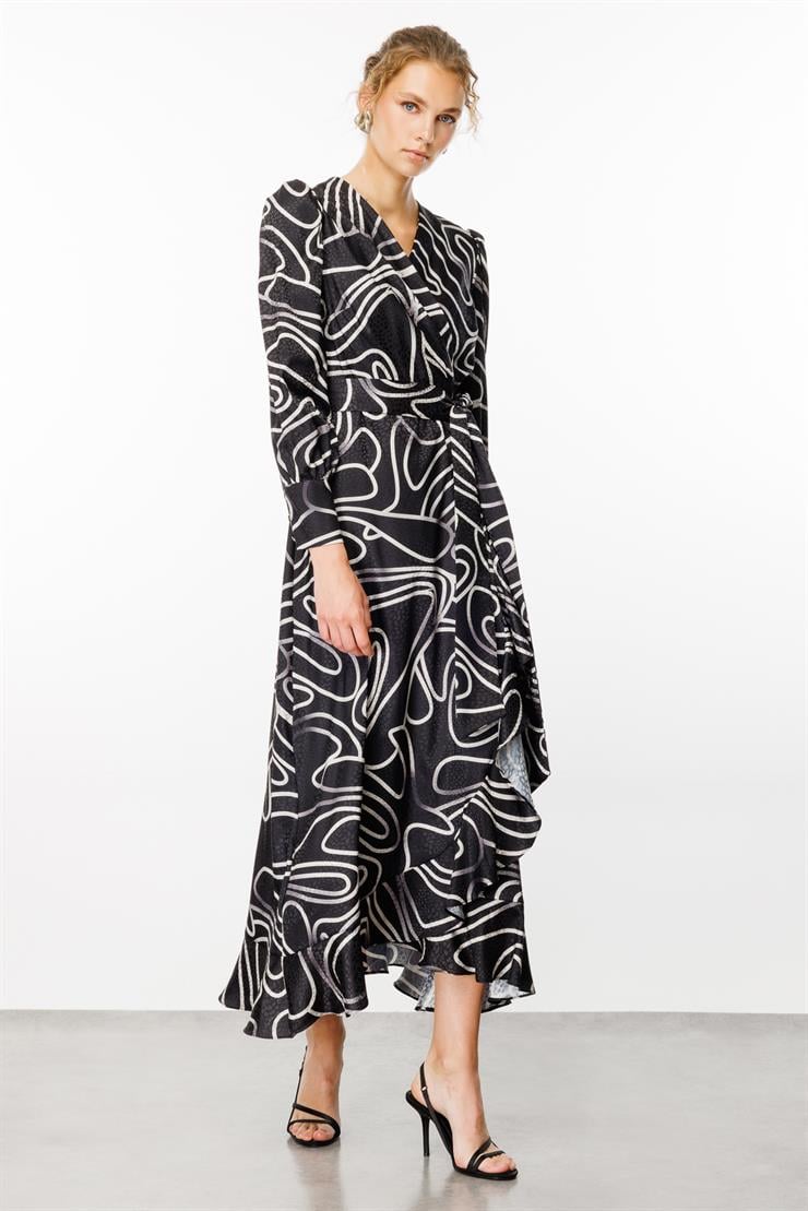 Modailgi  Desenli Jakar Kruvaze Elbise Siyah