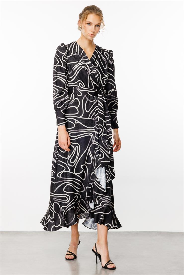 Modailgi  Desenli Jakar Kruvaze Elbise Siyah