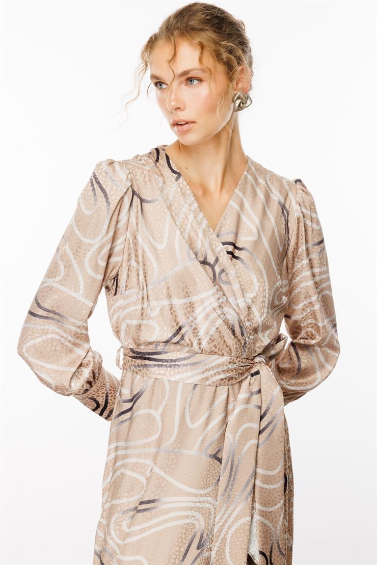 Modailgi  Desenli Jakar Kruvaze Elbise Vizon