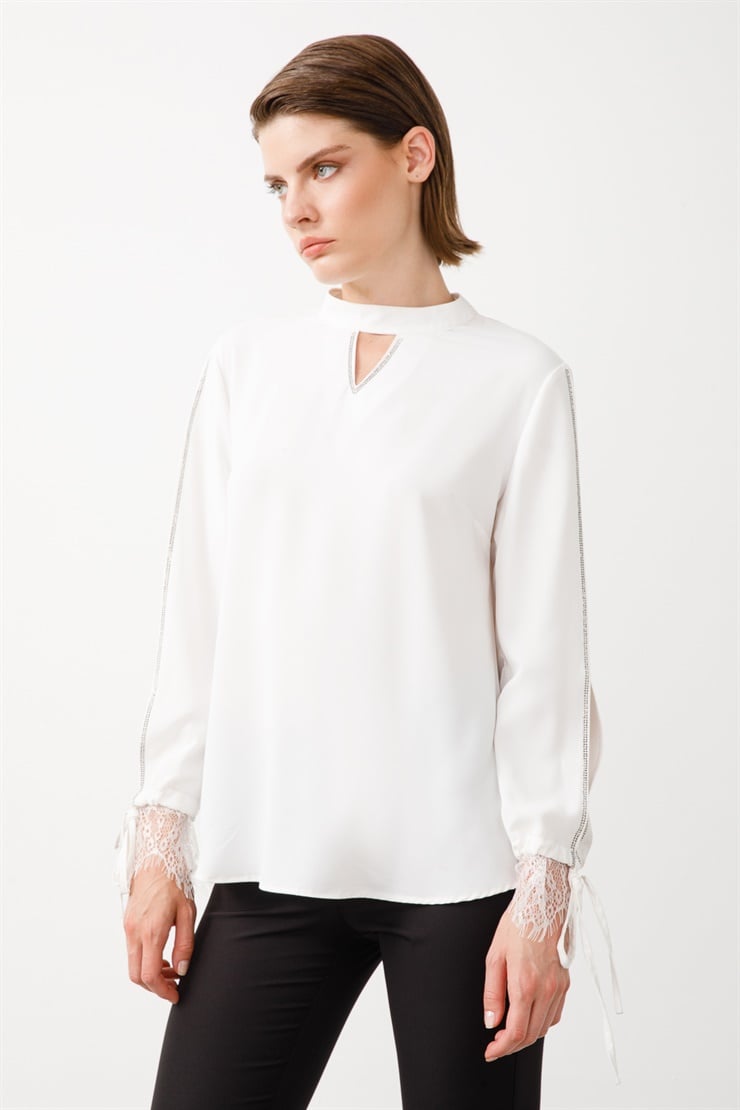 Modailgi  Dik Yaka Dantelli Bluz Ekru