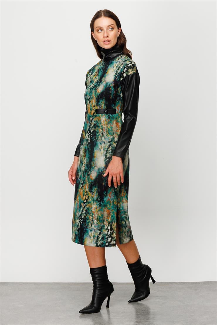 Modailgi  Dik Yaka Formlu Emprime Uzun Elbise Yeşil