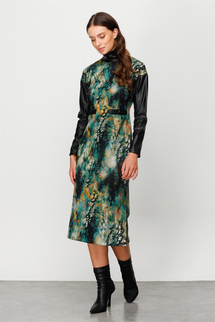 Modailgi  Dik Yaka Formlu Emprime Uzun Elbise Yeşil