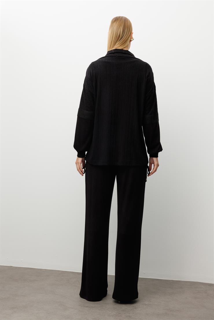 Modailgi  Dik Yakalı Etek Ucu Tünel Bağcık Detaylı Ara Boy Triko Tunik Siyah