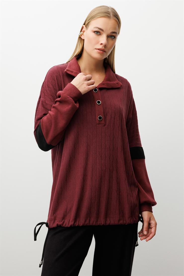 Modailgi  Dik Yakalı Etek Ucu Tünel Bağcık Detaylı Ara Boy Triko Tunik Bordo