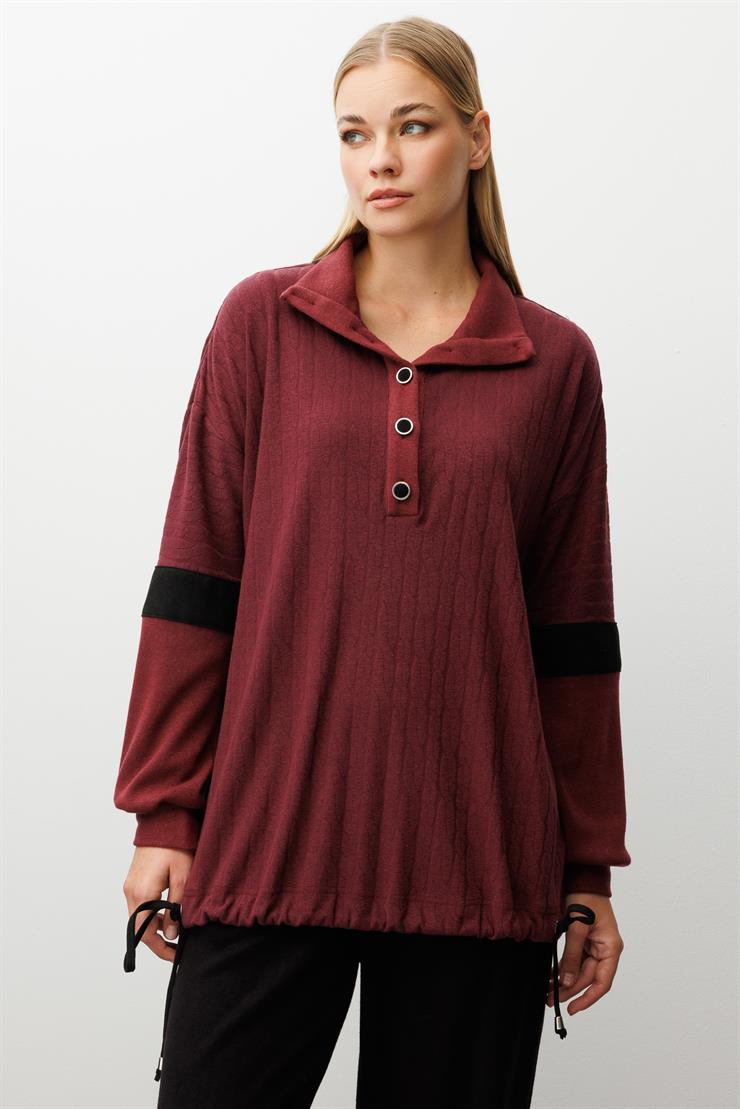 Modailgi  Dik Yakalı Etek Ucu Tünel Bağcık Detaylı Ara Boy Triko Tunik Bordo