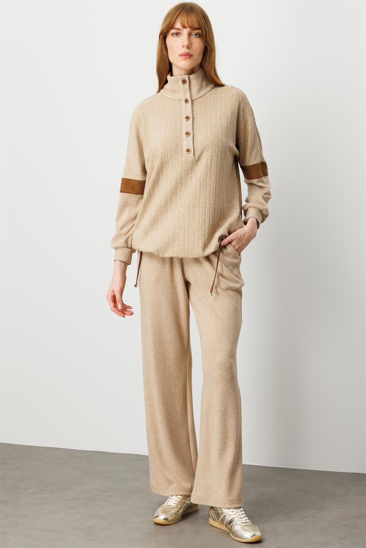 Modailgi  Dik Yakalı Etek Ucu Tünel Bağcık Detaylı Ara Boy Triko Tunik Vizon