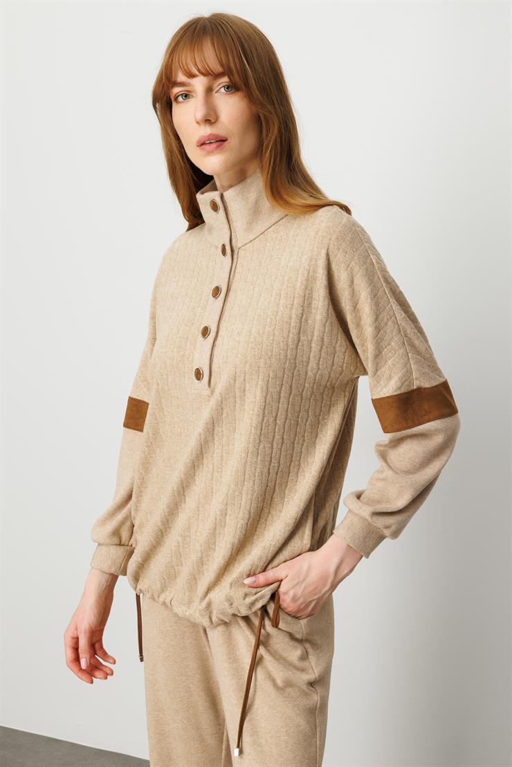 Modailgi  Dik Yakalı Etek Ucu Tünel Bağcık Detaylı Ara Boy Triko Tunik Vizon