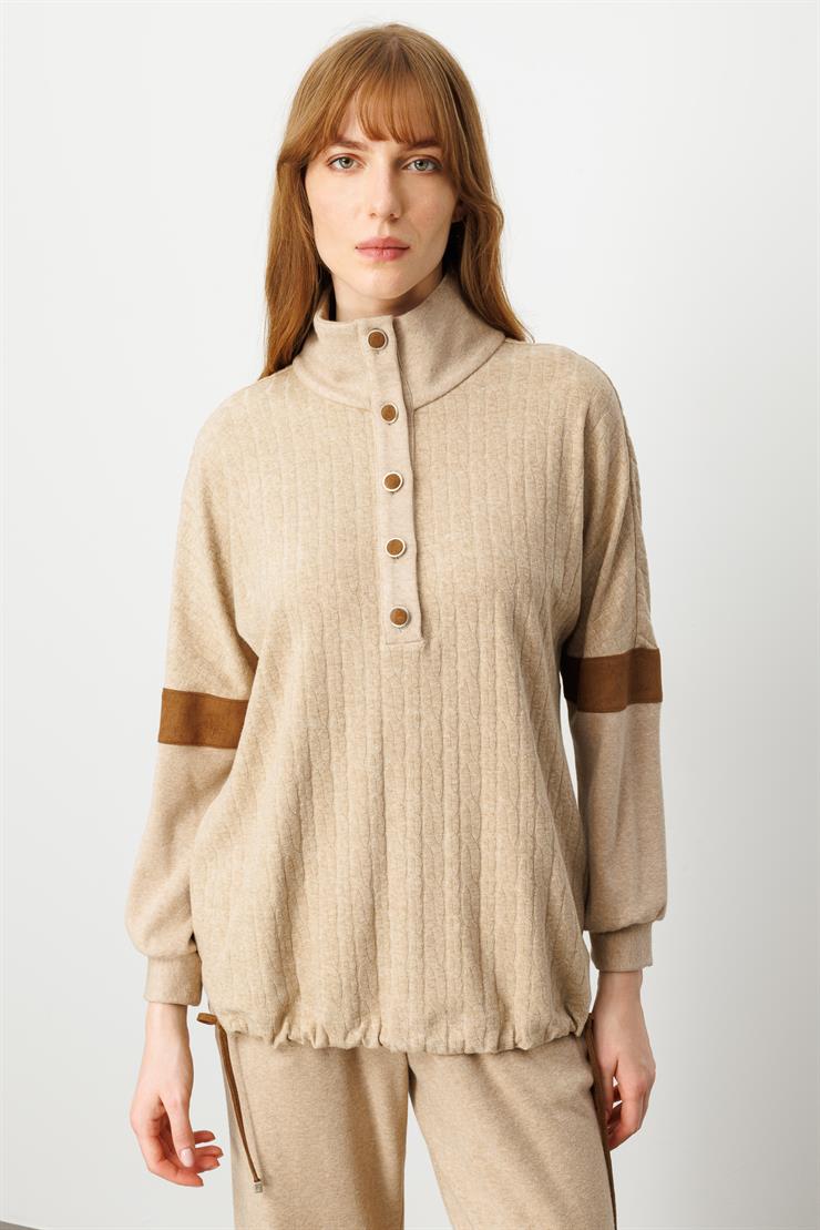 Modailgi  Dik Yakalı Etek Ucu Tünel Bağcık Detaylı Ara Boy Triko Tunik Vizon