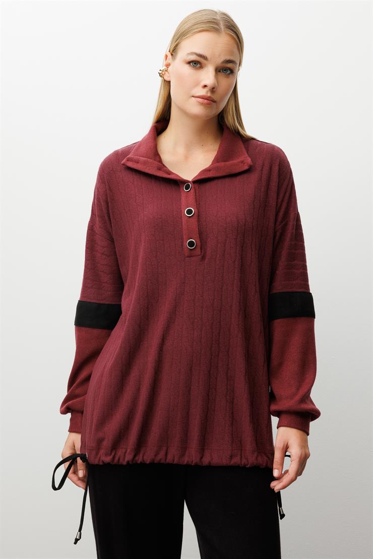 Modailgi  Dik Yakalı Etek Ucu Tünel Bağcık Detaylı Ara Boy Triko Tunik Bordo