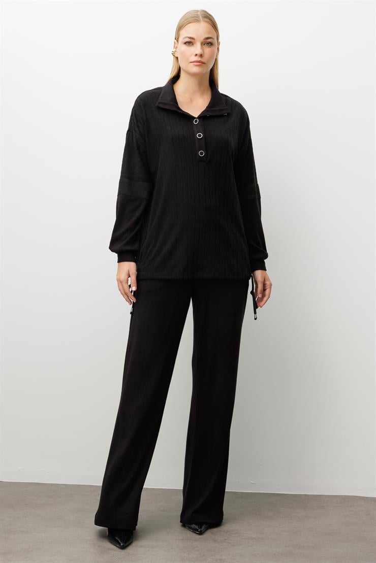 Modailgi  Dik Yakalı Etek Ucu Tünel Bağcık Detaylı Ara Boy Triko Tunik Siyah