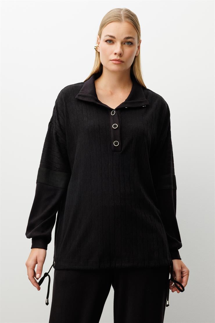 Modailgi  Dik Yakalı Etek Ucu Tünel Bağcık Detaylı Ara Boy Triko Tunik Siyah