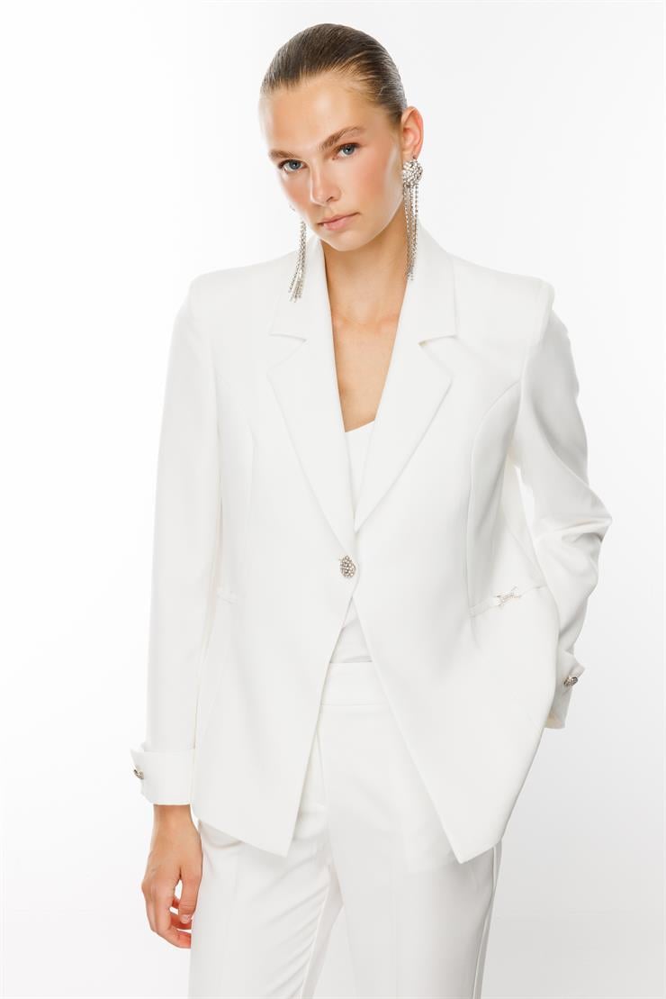 Modailgi  Duble Kol Kuptan Aksesuarlı Tek Düğme Yarım Astarlı Ceket Ekru