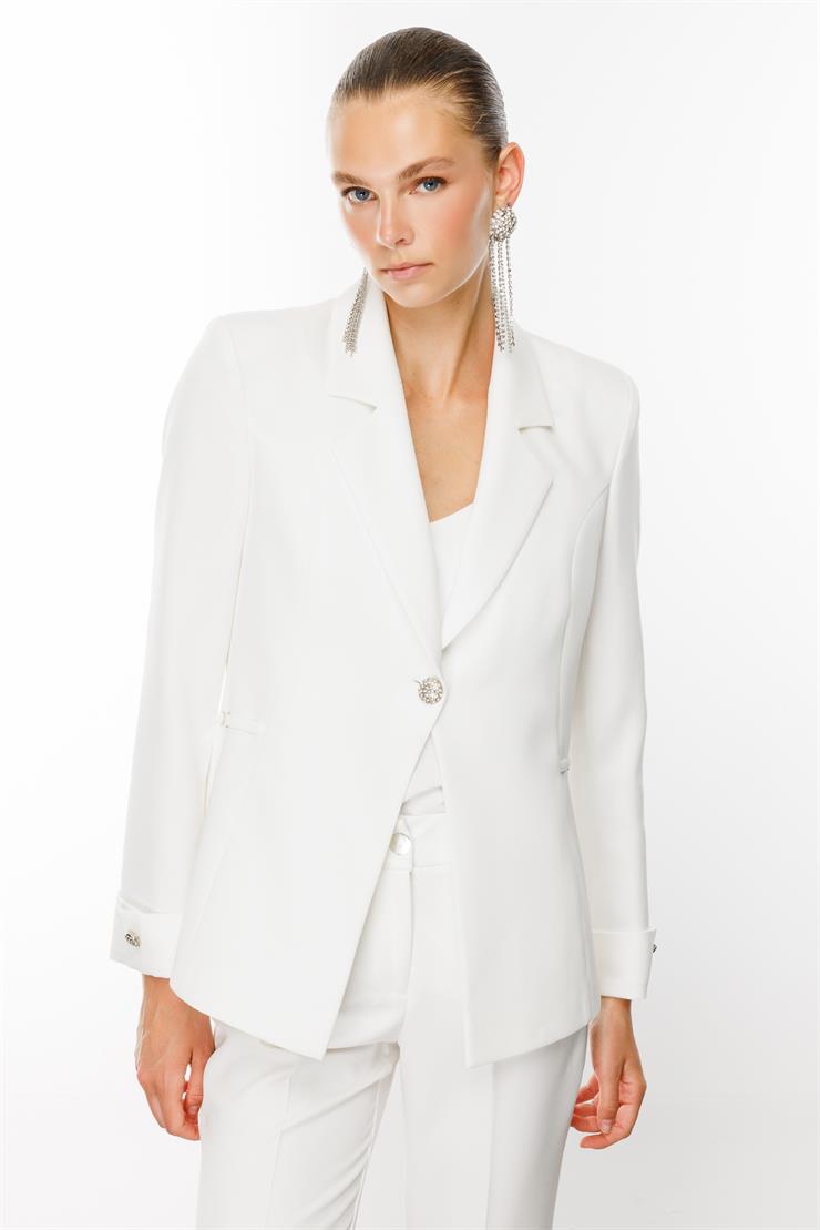 Modailgi  Duble Kol Kuptan Aksesuarlı Tek Düğme Yarım Astarlı Ceket Ekru