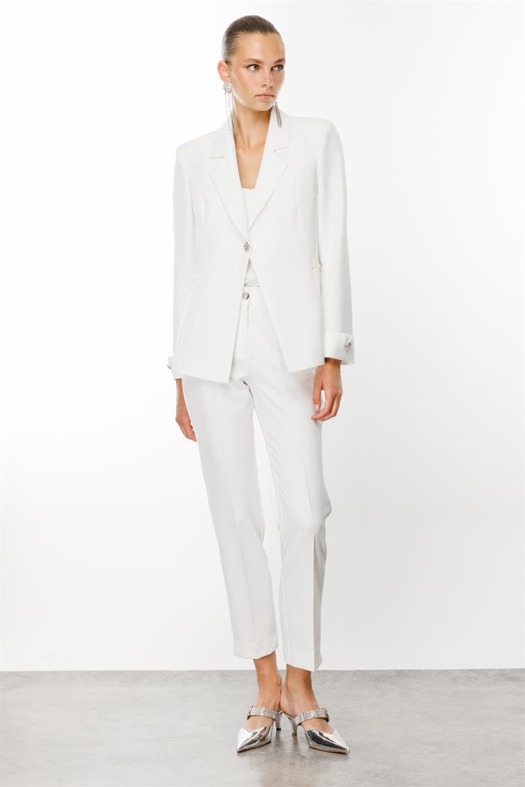 Modailgi  Duble Kol Kuptan Aksesuarlı Tek Düğme Yarım Astarlı Ceket Ekru