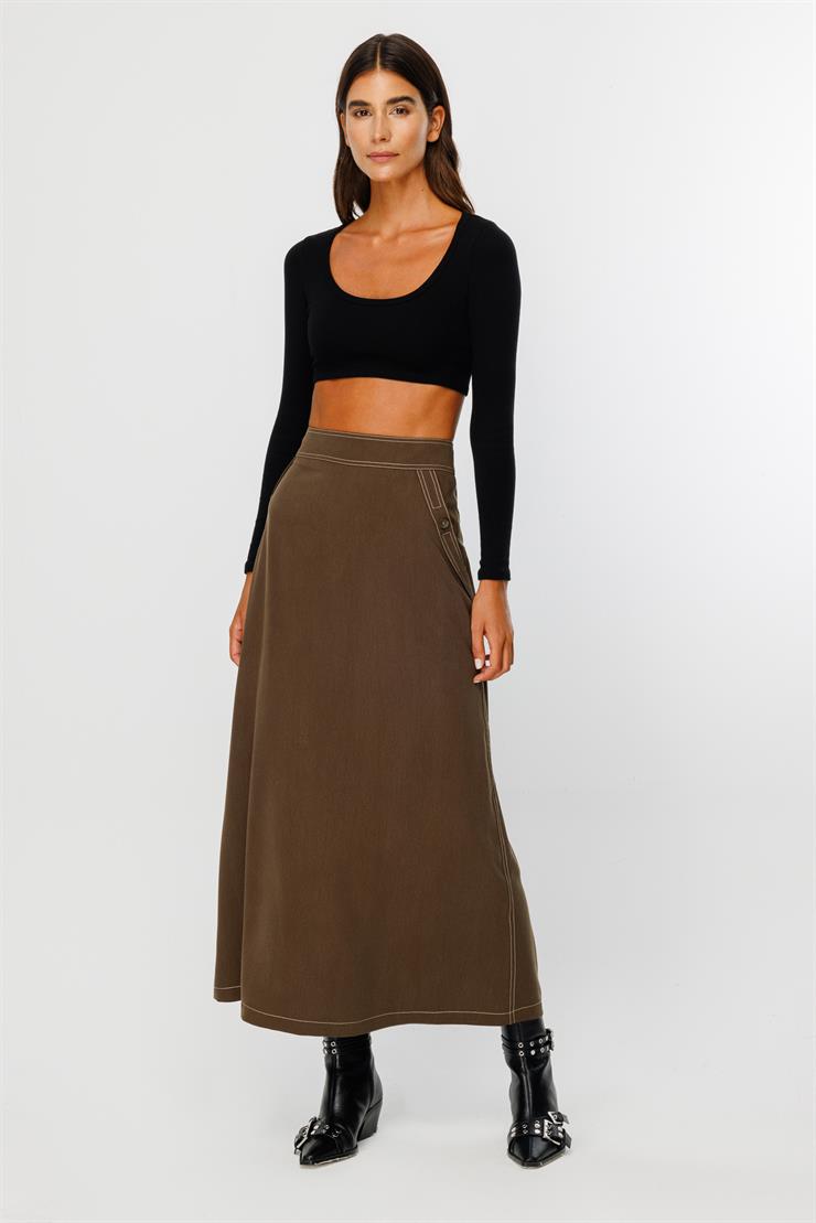 Modailgi  Düğme Detaylı Uzun Etek  - 7053,1561 Haki